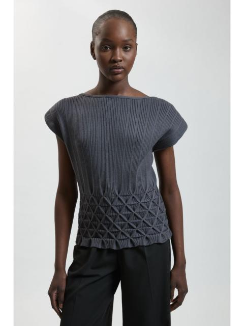 KAREN MILLEN Ribbed Knit Power Shoulder Top With Manipulated Stitch Detail