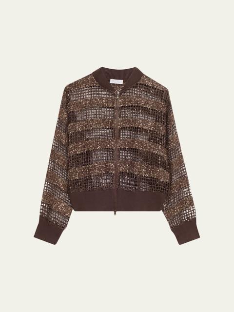Brunello Cucinelli Sparkling Sequin Net Knit Bomber Jacket