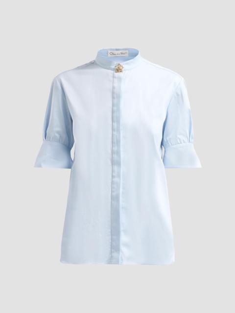 Oscar de la Renta Women's Resort Poplin Sateen Brooch Blouse - Light Blue