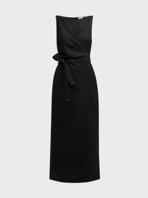 Brunello Cucinelli High-Neck Monili-Trim Wrap-Waist Fluid Linen Midi Dress