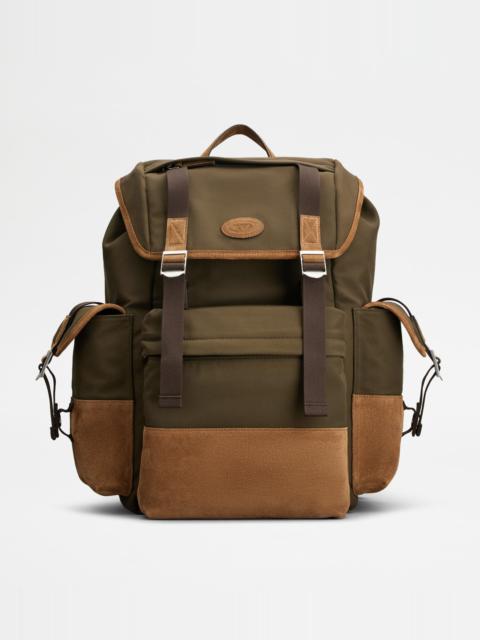 Tod's BACKPACK IN FABRIC AND SUEDE MEDIUM - GREEN, BROWN
