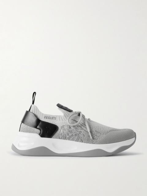 Berluti Shadow Leather-Trimmed Stretch-Knit Sneakers Gray