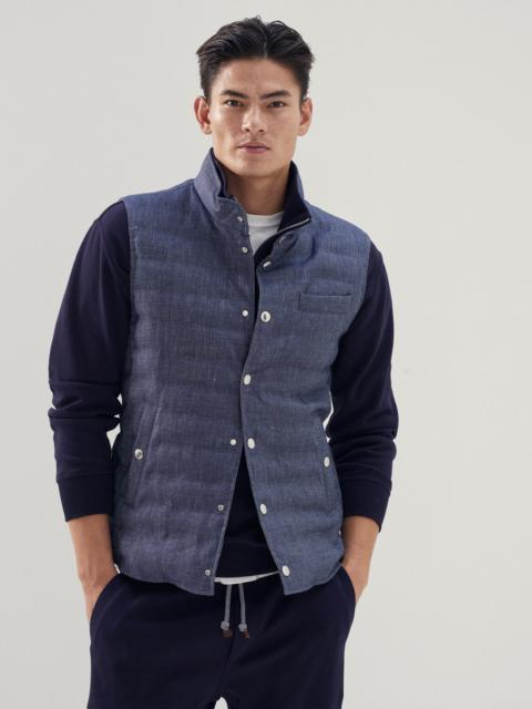 Comfort linen and cotton denim-effect twill lightweight down vest