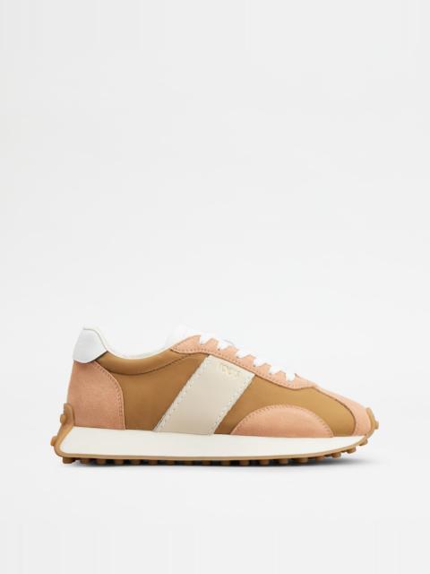 SNEAKERS IN LEATHER AND TECHNICAL FABRIC - PINK, BROWN, BEIGE, WHITE