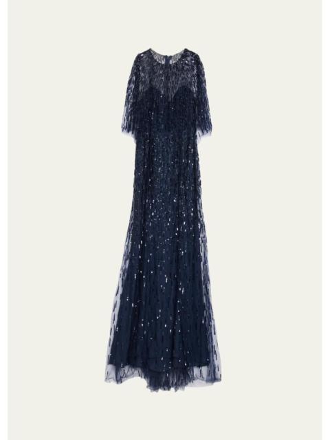 Monique Lhuillier Sequined Tulle Capelet Trumpet Gown