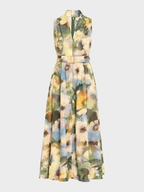LELA ROSE Floral-Print Cotton Sleeveless Midi Dress With Belt