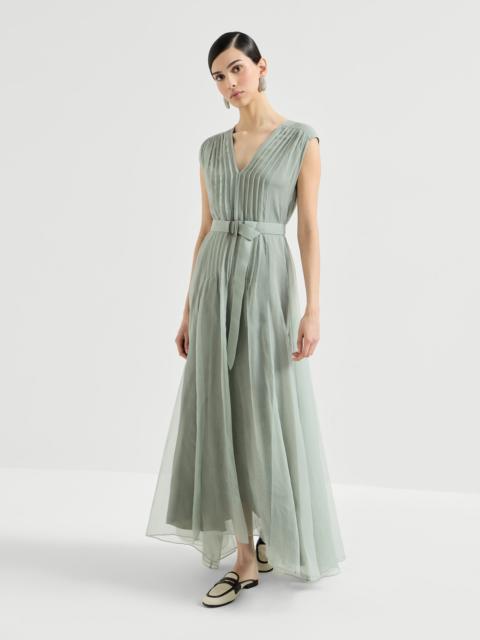 Crispy silk belted dress with pleated detail and precious strap