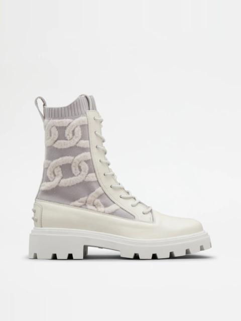 Tod's KATE COMBAT BOOTS IN FABRIC AND LEATHER - WHITE