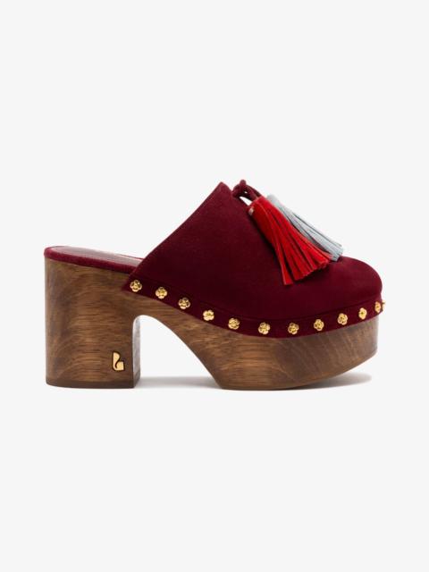 Larroudé Miso Wooden Tassel Clog In Burgundy Suede
