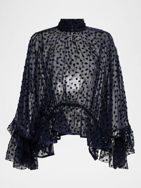 SAINT LAURENT Polka Dot Sheer High-Neck Peplum Blouse