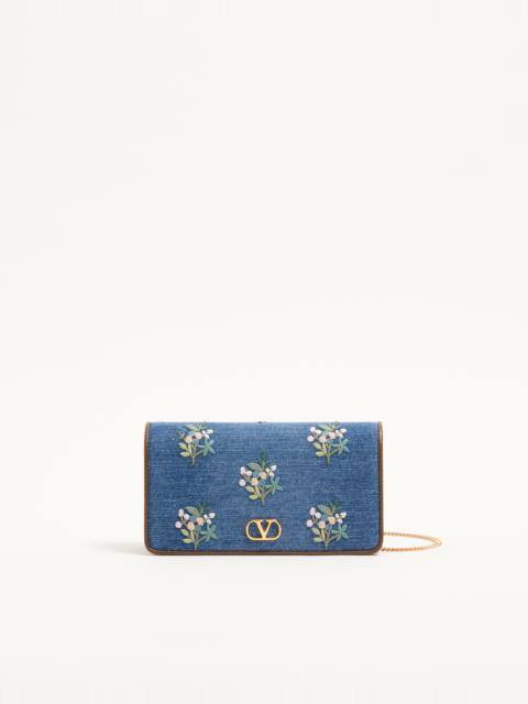 Valentino VALENTINO GARAVANI VLOGO SIGNATURE MINI SHOULDER BAG IN DENIM WITH FLORAL EMBROIDERY
