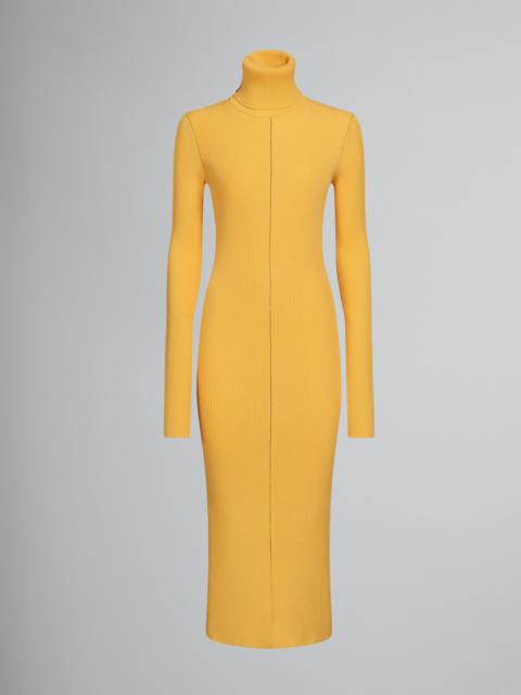 YELLOW RIBBED DRESS WITH TURTLE NECK