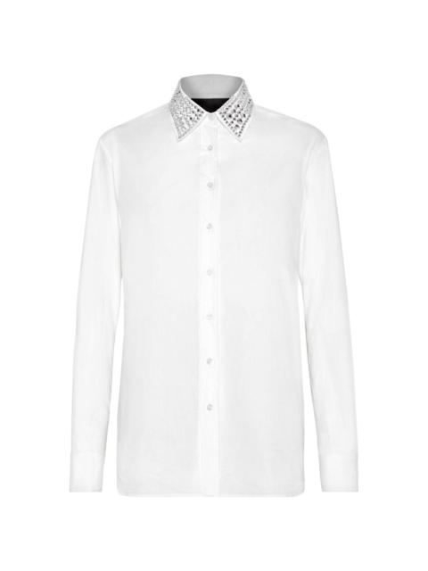 crystal embellished-collar cotton shirt