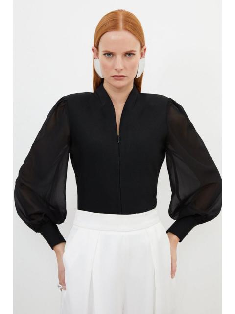KAREN MILLEN Bandage Figure Form Zip Detail Chiffon Sleeve Knit Top