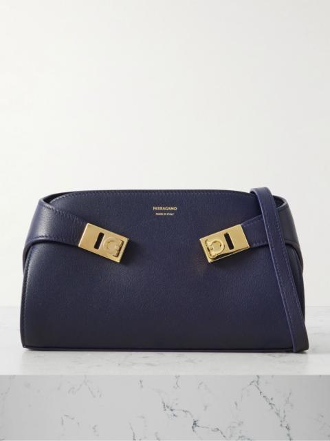 FERRAGAMO Hug embellished textured-leather shoulder bag Navy