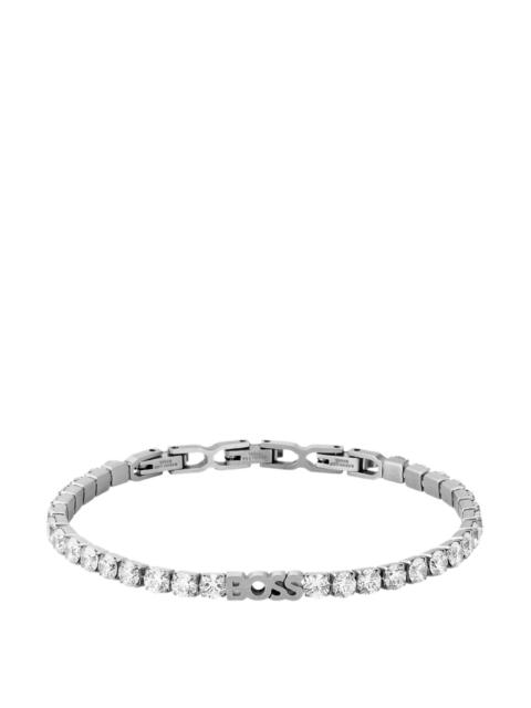 BOSS SILVER-TONE CUFF WITH LOGO AND CRYSTALS