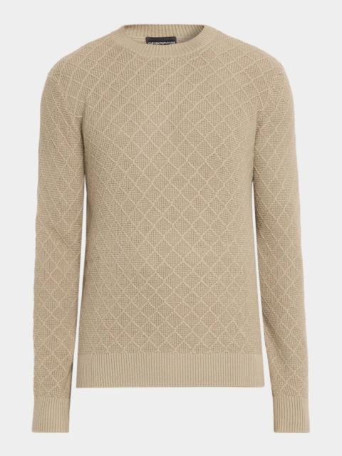 EMPORIO ARMANI Men's Wool-Cashmere Grid Jacquard Crewneck Sweater