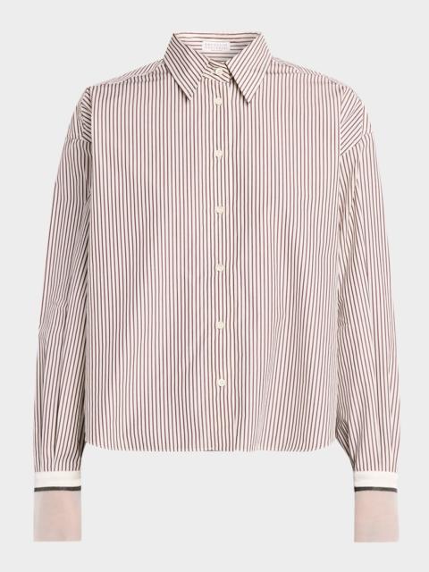 Brunello Cucinelli Striped Cotton Poplin Boxy Button-Down Shirt With Monili Trim