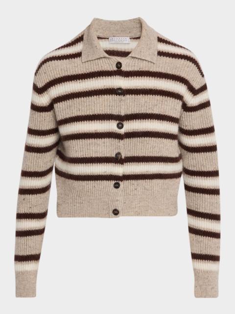 Brunello Cucinelli Cashmere-Blend Striped Collared Cardigan