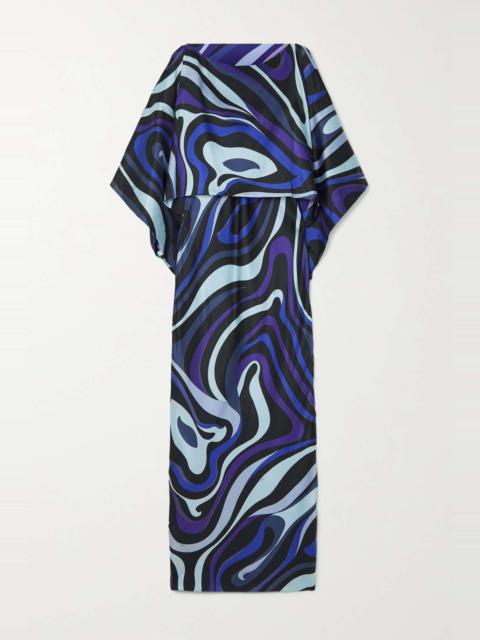 Cape-effect printed silk-blend satin maxi dress