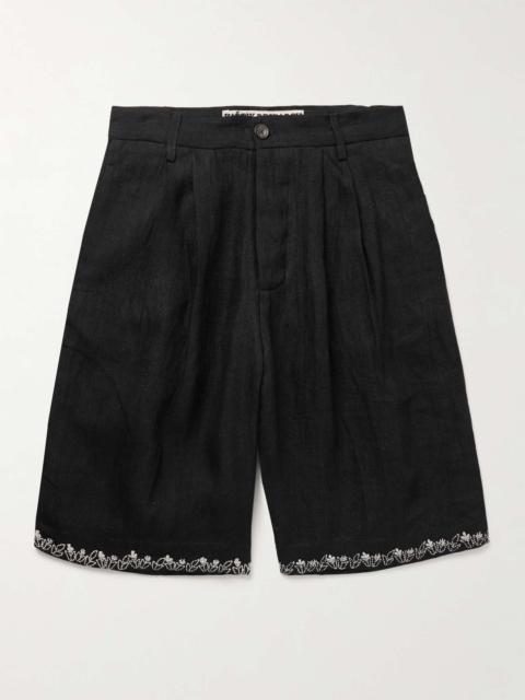 KARTIK RESEARCH Straight-Leg Pleated Embroidered Linen Shorts