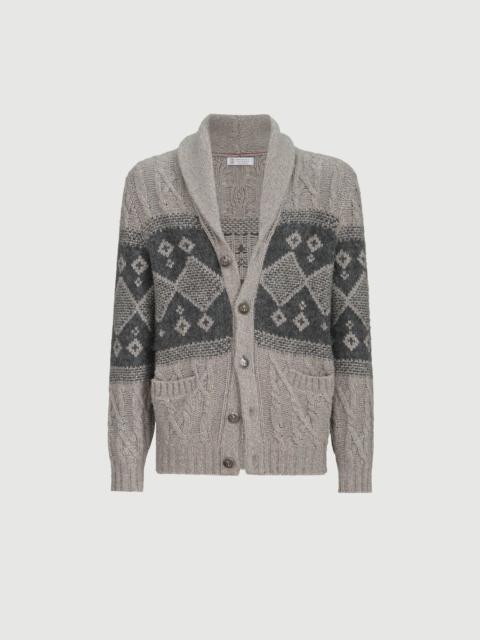 Brunello Cucinelli Virgin wool, silk and cashmere chiné cable knit cardigan with intarsia