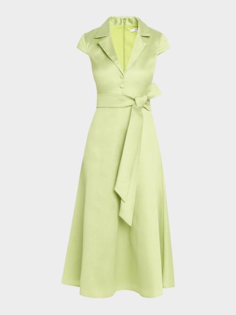 BADGLEY MISCHKA Belted Cap-Sleeve Pebble Gazar Midi Shirtdress