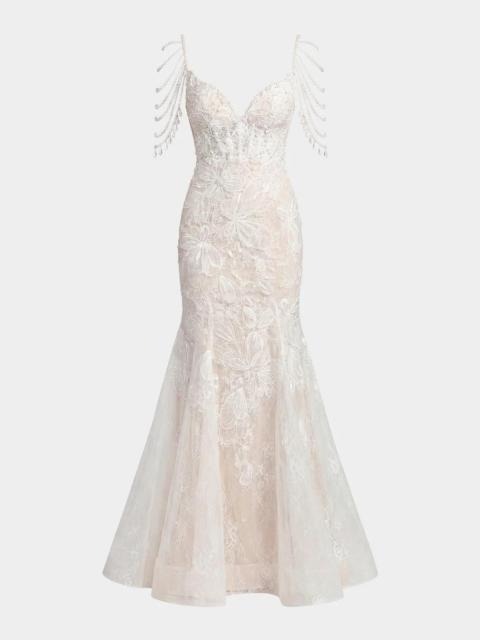 MAC DUGGAL Beaded Floral Lace Mermaid Gown