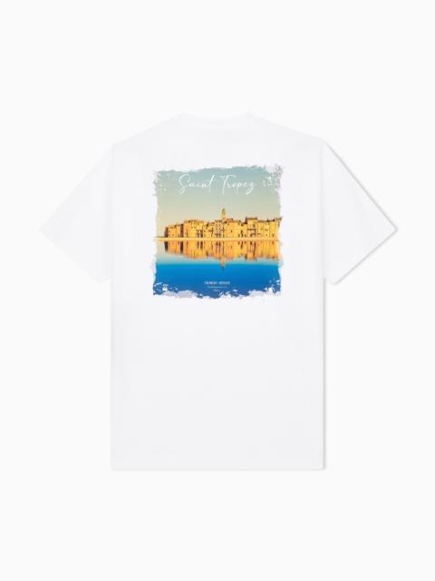 GIORGIO ARMANI COTTON INTERLOCK JERSEY T-SHIRT WITH PRINT ON THE BACK