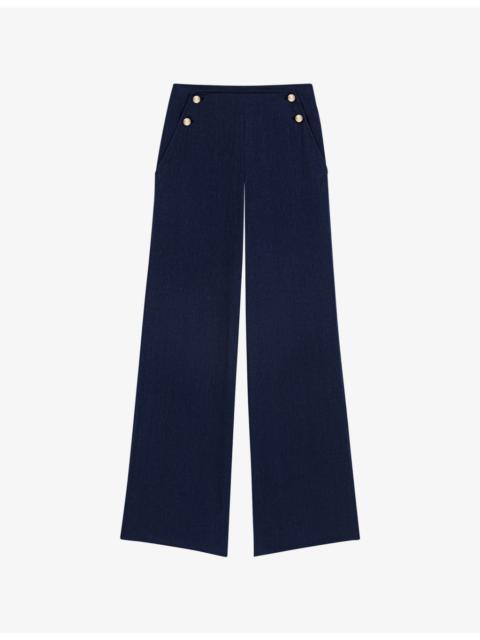 maje Wide-Leg Button-Embellished Linen-Blend Trousers