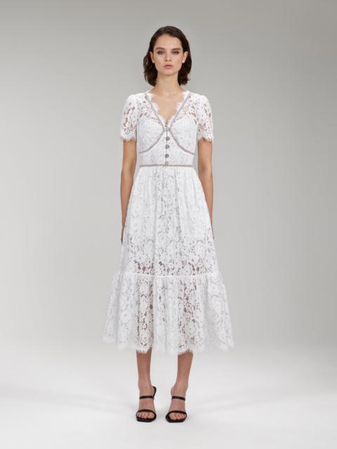 Ivory Cotton Lace Diamanté Trim Midi Dress