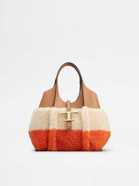 T TIMELESS SHOPPING BAG IN LEATHER AND SHEEPSKIN MINI - ORANGE, OFF WHITE, BROWN