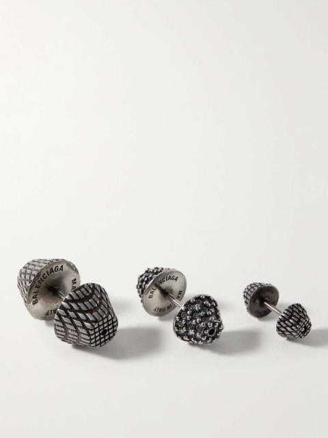 BALENCIAGA Cagole Set of Three Antiqued Silver-Tone Crystal Earrings