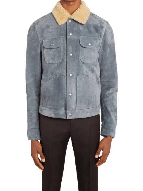 Calfskin Suede Trucker Jacket with Genuine Shearling Trim