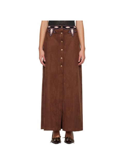 ANNA SUI Brown Faux-Suede Appliqué Maxi Skirt