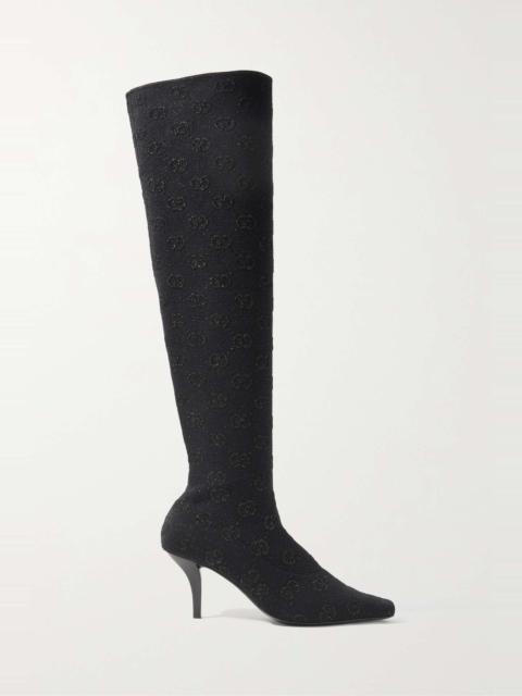 GUCCI Demi logo-jacquard metallic stretch-knit over-the-knee boots