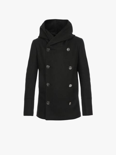 Balmain Black wool hooded pea coat with double-breasted silver-tone buttoned fastening