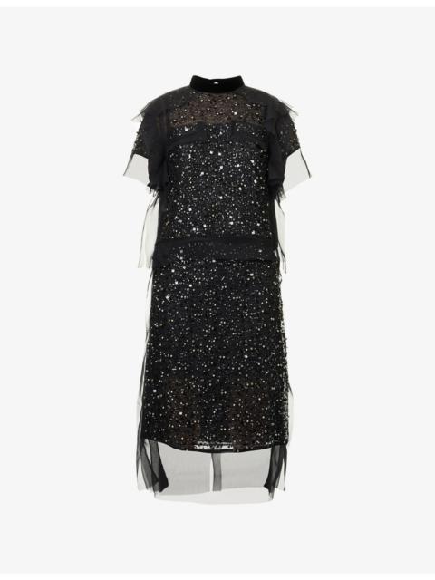 sacai Short-Sleeve Layered Sequin-Embellished Top