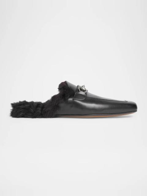 GUCCI Men's Shearling-Lined Leather Horsebit Slippers