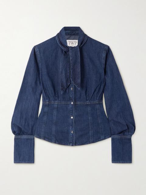 TWP Fifis Pussy-bow Paneled Denim Blouse