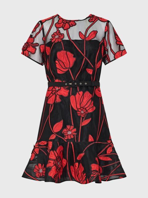 MILLY Rosie Belted Floral-Embroidered Mini Dress