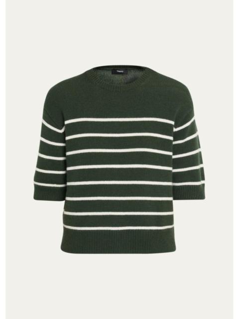 Theory Striped Cashmere Crop Short-Sleeve Sweater