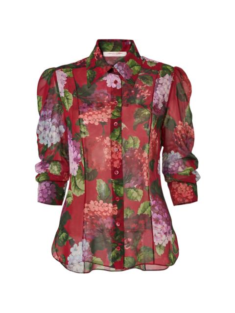 CAROLINA HERRERA Collared Hydrangea-Printed Chiffon Top berry