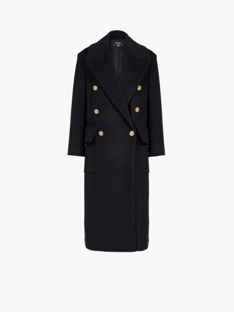 Balmain Long black wool coat with double-breasted gold-tone buttoned fastening