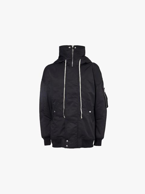 Hooded longline shell-down bomber jacket