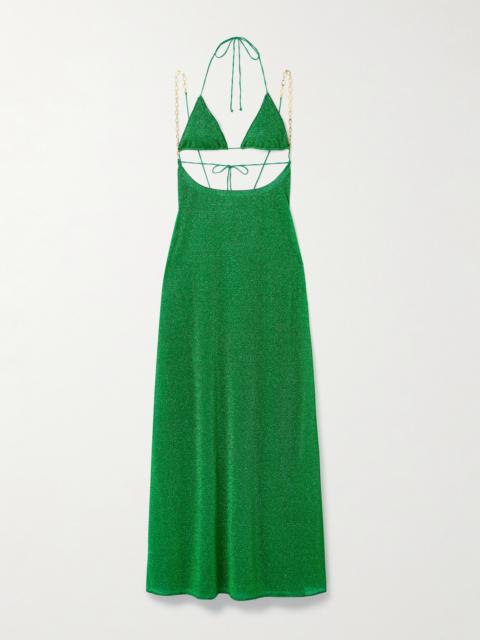 Oséree Lumière Cutout Chain-embellished Metallic Stretch-knit Maxi Dress