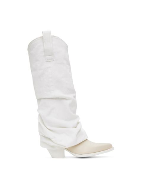 R13 White & Off-White Mid Cowboy Denim Sleeve Boots