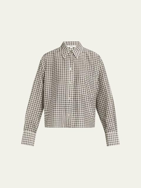 Vince Long-Sleeve Cropped Cotton-Silk Gingham Shirt