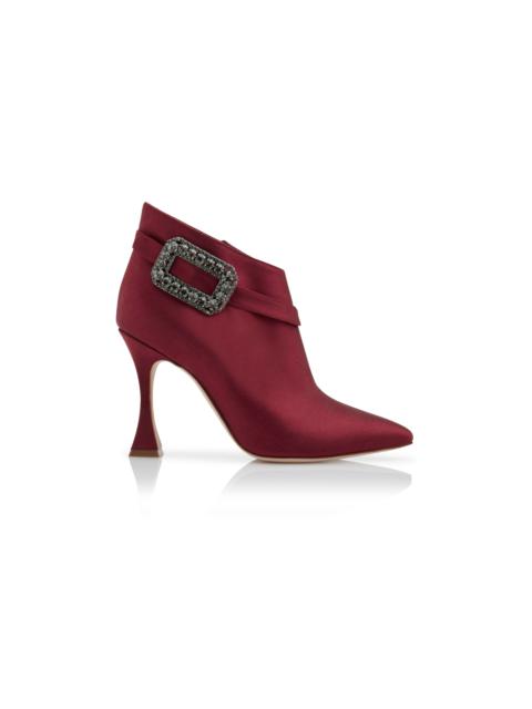 Manolo Blahnik Dark Red Satin Crystal Buckle Ankle Boots