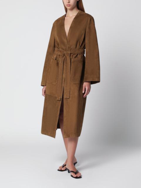 NOUR HAMMOUR Ruelle belted coat in brown suede leather